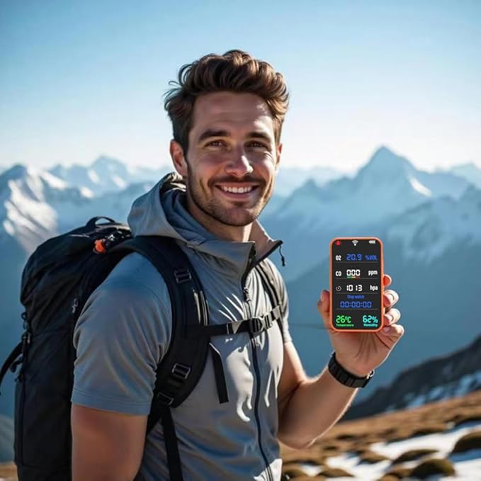 7-in-1 Portable Oxygen Monitor, Environmental O2 Monitor with Air Pressure, Temperature, Humidity, Stopwatch Rechargeable 3000mAh Battery, SD Card Data Logging Device for Hiking, Camping & Outdoor Use