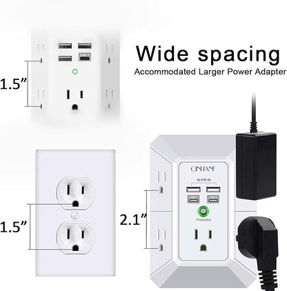 USB Wall Charger, Surge Protector, QINLIANF 5 Outlet Extender with 4 USB Charging Ports(2U2C) 3-Sided 1680J Power Strip Multi Plug Outlets Wall Adapter Spaced for Home Travel Office, White