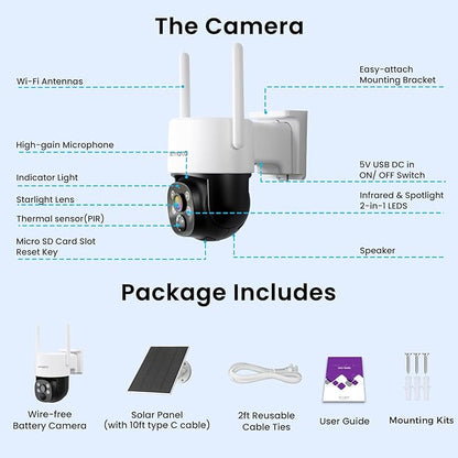 XMARTO 0-Light NIGHT COLOR Solar Wireless Security Camera Outdoor, PTZ Wire-Free Home Surveillance with AI Thermal Detection, Non-stop Solar Power, 0 Monthly Fee, 5G Dual Band WiFi 6, Alexa Compatible