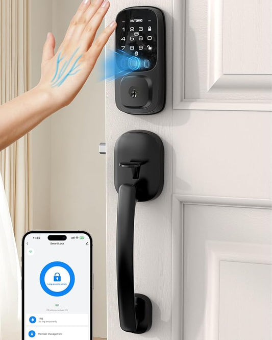 NUTOMO Palm Vein Smart Lock: Keyless Entry Door Locks with Handle Set Built-in WiFi Keypad Electronic Digital Deadbolt with APP Remote Control for Home Support Alexa/Rechargeable Battery/BHMA 3/Black