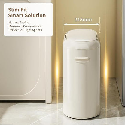 MRBIN Metal Kitchen Motion Sensor Trash Can with Lid, 10.5 Gallon Slim Automatic Waste Basket Touchless, Medium Commercial Covered Garbage Pail for Narrow Office, Bathroom, Dorm, Cream White