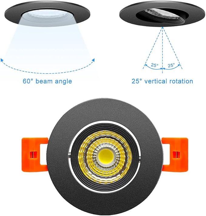 2Inch LED Recessed Ceiling Light, 3W Dimmable LED Downlight, 60 Beam Angle COB Recessed Lights with Driver, Daylight White 5000K-5500K, 25W Halogen Bulbs Equivalent for Ceiling Lighting, Black 1Pack