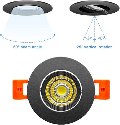2Inch LED Recessed Ceiling Light, 3W Dimmable LED Downlight, 60 Beam Angle COB Recessed Lights with Driver, Daylight White 5000K-5500K, 25W Halogen Bulbs Equivalent for Ceiling Lighting, Black 1Pack