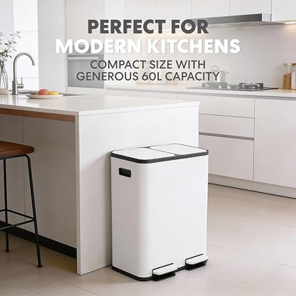 Simpli-Magic 60 Liter / 16 Gallon Rectangular Hands-Free Dual Compartment Recycling Kitchen Step Trash Can with Soft-Close Single Lid, Stainless Steel (30L x 30L Capacity) White
