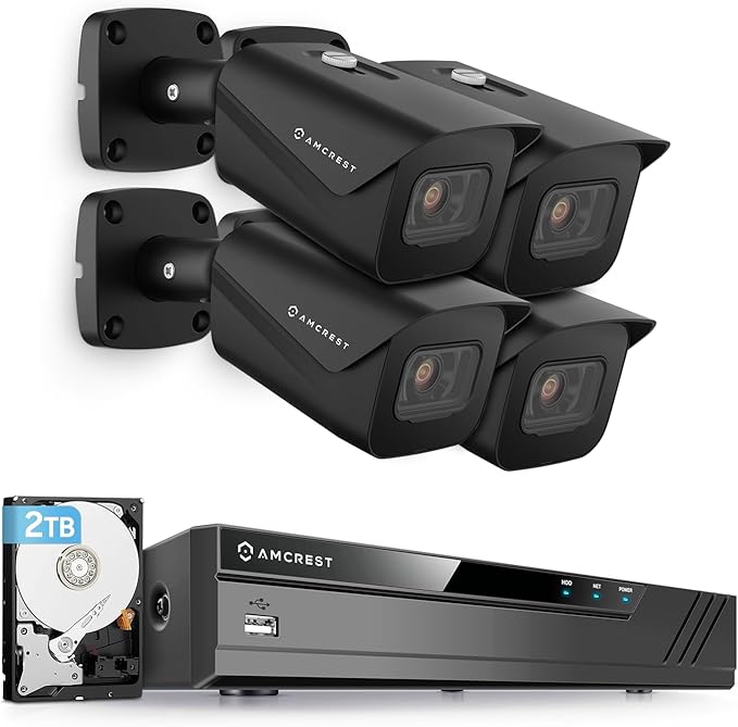Amcrest 4K Security Camera System w/ 4K 8CH PoE NVR, (4) x 8-Megapixel IP67 Weatherproof Metal Bullet POE IP Cameras, 2.8mm Lens, Pre-Installed 2TB Hard Drive, NV4108E-IP8M-2496EB4-2TB (Black)