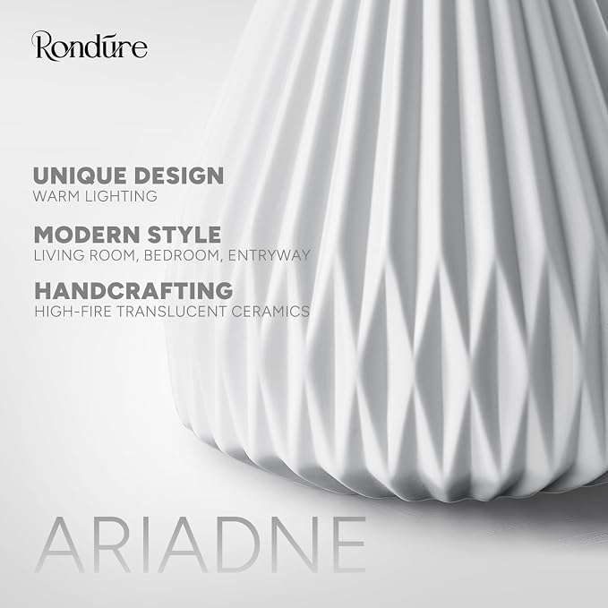 RONDURE Modern Ceramic Decorative Table Lamp Living Room Bedroom Bedside | Handcrafted Unique Warm Ambient Lighting Lamp, Accent White Translucent Ceramic shade, Fully Dimmable, Corded, Bulb Included