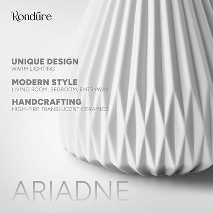 RONDURE Modern Ceramic Decorative Table Lamp Living Room Bedroom Bedside | Handcrafted Unique Warm Ambient Lighting Lamp, Accent White Translucent Ceramic shade, Fully Dimmable, Corded, Bulb Included