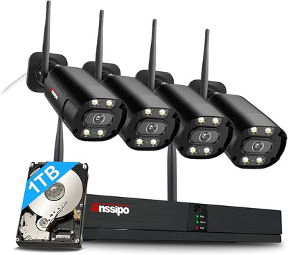 24/7 Continuous Recording 4K WiFi Security Camera System, 5MP Plug-in Home Cameras, 8 Channel NVR with 1TB Hard Drive, 4 Camera Kit, 2 Way Audio, AI Detection, Spotlights Night Vision