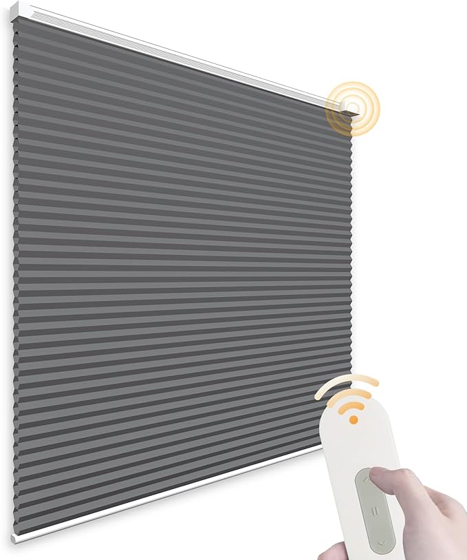 Motorized Cellular Shades Cordless Light Filtering Rechargeable Window Curtains with Remote for Privacy Protection Smart Home Electric Automatic Honeycomb Blinds for Windows, 32" x 48", Grey