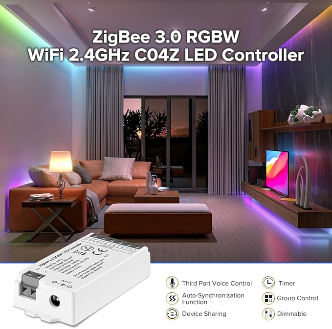 BTF-LIGHTING Tuya Zigbee 3.0 C04Z LED Controller Support RGBW 5pin (+V R G B W) PWM FCOB COB SMD Light Strip Compatible with Echo Plus/4th Gen Philip Gateway DC5V/DC12V/DC24V Max 15A