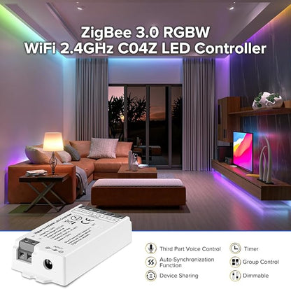 BTF-LIGHTING Tuya Zigbee 3.0 C04Z LED Controller Support RGBW 5pin (+V R G B W) PWM FCOB COB SMD Light Strip Compatible with Echo Plus/4th Gen Philip Gateway DC5V/DC12V/DC24V Max 15A