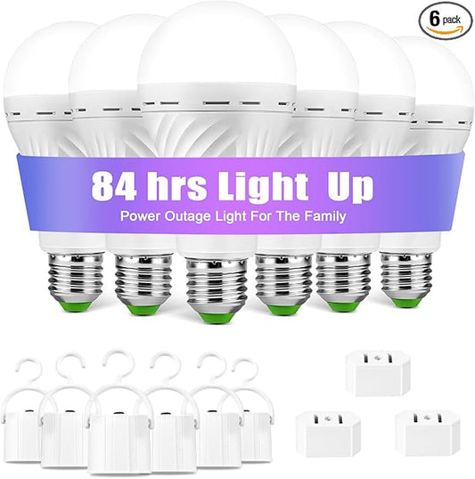 Emergency-Rechargeable-Light-Bulb, Stay Lights Up When Power Failure, 1500mAh 12W 60W Equivalent LED Light Bulbs for Home, Camping, Hiking (E27, with Hook,with Plug Cap) 6 Pack