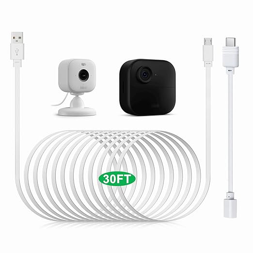 weishan 30ft USB C Cable Compatible with Blink Mini 2, Blink Mini and Blink Outdoor 4(4th Gen),(3rd Gen), XT, XT2 Cameras - 15m Long Flat Charging Cord with 1ft USB C Waterproof Adapter, White