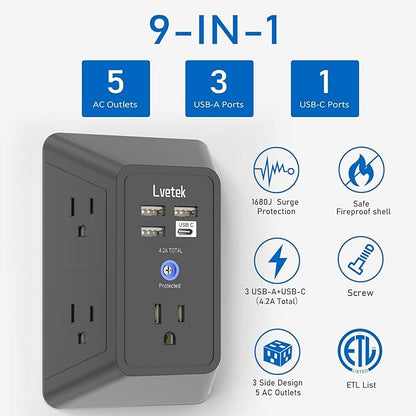 Surge Protector Outlet with 5-Multi Plug Outlet and 4 USB Ports (1 USB C), 3-Sided 1680J Power Strip Wall Charger for Home, Travel, Office - ETL Listed, Black