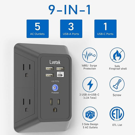 Surge Protector Outlet with 5-Multi Plug Outlet and 4 USB Ports (1 USB C), 3-Sided 1680J Power Strip Wall Charger for Home, Travel, Office - ETL Listed, Black