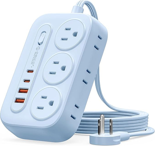 ORICO Surge Protector Power Strip, PD20W Multiple Outlets Extension Cord with 6 AC Outlets and 4 USB Charging Ports (2 USB-C), 45° Flat Plug, 5 Ft Mountable Outlet Extender for Home/Office/Dorm - OG
