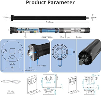 Smart ZigBee Roller Shade Motor Retrofit, Tuya App Control Electric Blind Motor, 5000mAh Rechargeable, Compatible with Alexa & Google Home, High Torque Kit (6.0 N.m for Φ40mm (1.57") Round Tube)