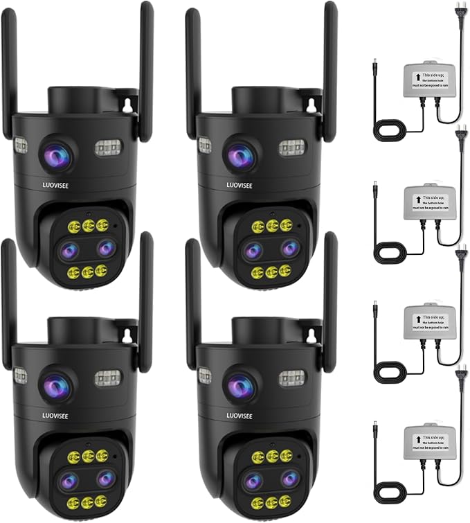 Luovisee 4 Pack Wired Home Camera Outdoor/Indoor with 2K Color Night Vision,AI Human Auto Zoom and Tracking,Pan-Tilt 360° View,Two-Way Audio,Triple-Lens 2.4G/5G WiFi,24/7 Recording,Waterproof