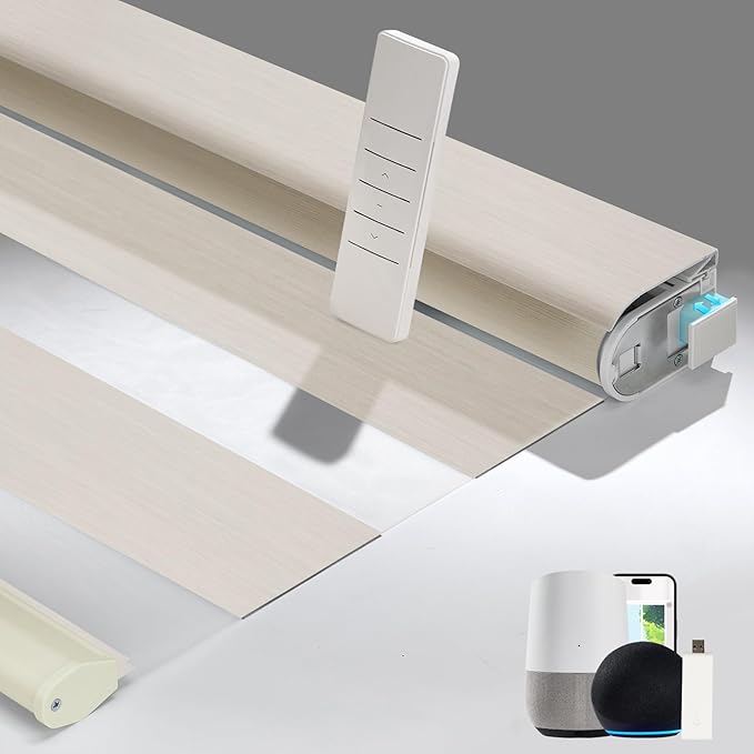 Persilux Custom Size Motorized No Drill Zebra Blackout Blinds, Smart Zebra Drilless Automatic Dual Layer,Quick Install,Privacy Electric No Tools Zebra Blinds for Home,Beige,RS20288-10