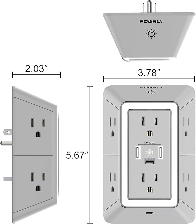 POWRUI Power Strip Surge Protector - 6 AC Outlets with 3 USB Ports (1 USB C), Night Light, 3-Sided Multi Plug Wall Extender with Spaced Outlets - Grey, ETL Listed