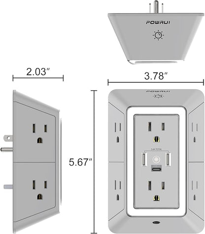 POWRUI Power Strip Surge Protector - 6 AC Outlets with 3 USB Ports (1 USB C), Night Light, 3-Sided Multi Plug Wall Extender with Spaced Outlets - Grey, ETL Listed