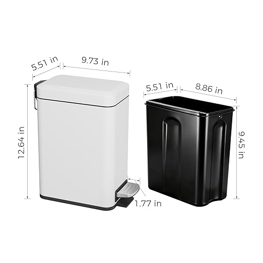 Sineng Bathroom Trash Can with Lid Soft Close, 1.6 Gallon Stainless Steel Small Pedal Garbage Can with Removable Inner Bucket, Waste Bin for Kitchen Bedroom, Compact Toilet Trash bin, White
