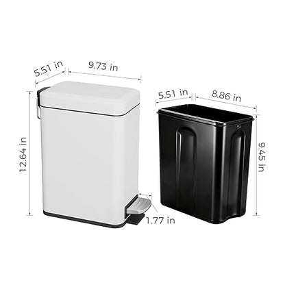 Sineng Bathroom Trash Can with Lid Soft Close, 1.6 Gallon Stainless Steel Small Pedal Garbage Can with Removable Inner Bucket, Waste Bin for Kitchen Bedroom, Compact Toilet Trash bin, White