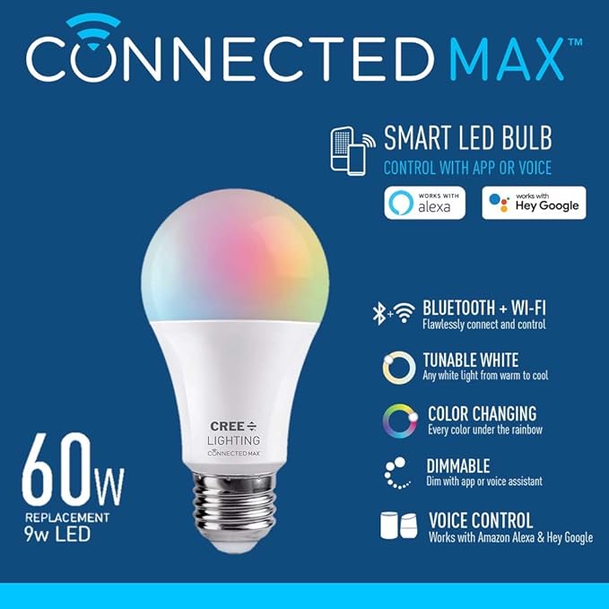 Cree Lighting Connected Max Smart Led Bulb A19 60W Tunable White + Color Changing, 2.4 Ghz, Compatible with Alexa and Google Home, No Hub Required, Bluetooth + WiFi, 6Pk
