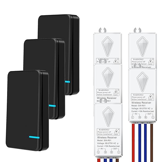 NineLeaf No Wiring Light Switch,Black Wireless Light Switch Kit Remote Control Light Switch No WiFi Needed for Renters DIY Outdoor 1969ft Indoor 328ft 1000W LED, Ceiling Lamps(3Switches 5Receivers)