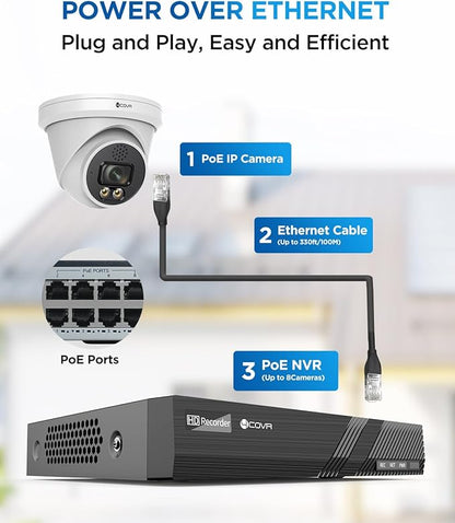 4COVR PoE Security Camera System 4K, 2 Way Audio Talk & Dual Lights Smart Color Night Vision, Person Vehicle Detection, 4X 8MP Dome IP Camera IP67, 8CH 8MP NVR 2TB HDD, 24/7 Home Video, LY97KA8M0804