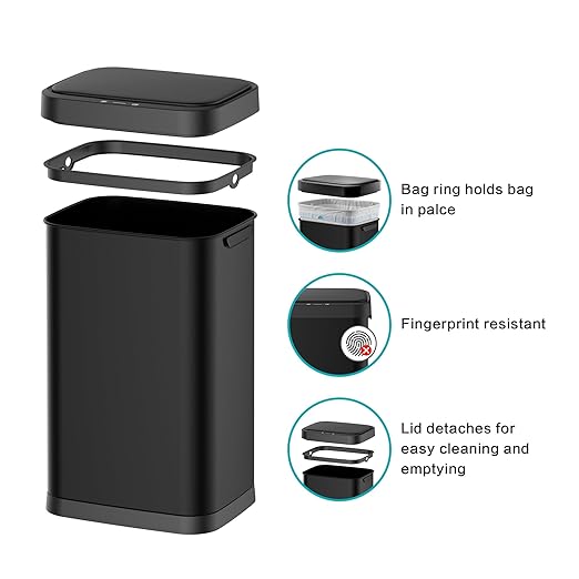 13 Gallon Stainless Steel Touchless Sensor Trash Can with, Wide Rectangular Design, Brushed Finish – Automatic Lid for Home, Office, Kitchen, Bathroom, and Commercial Use (Black)
