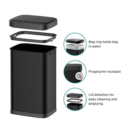 13 Gallon Stainless Steel Touchless Sensor Trash Can with, Wide Rectangular Design, Brushed Finish – Automatic Lid for Home, Office, Kitchen, Bathroom, and Commercial Use (Black)