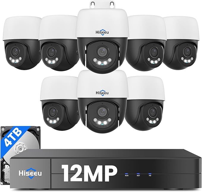 [12MP +Human Tracking] Hiseeu 12MP PoE PTZ Security Camera System, 8 Pcs Wired Security Cameras, 360°View, 2 Way Audio, 0 Monthly Fee, 4TB HDD 8 Port 16Ch PoE NVR，Home CCTV Surveillance Outdoor&Indoor