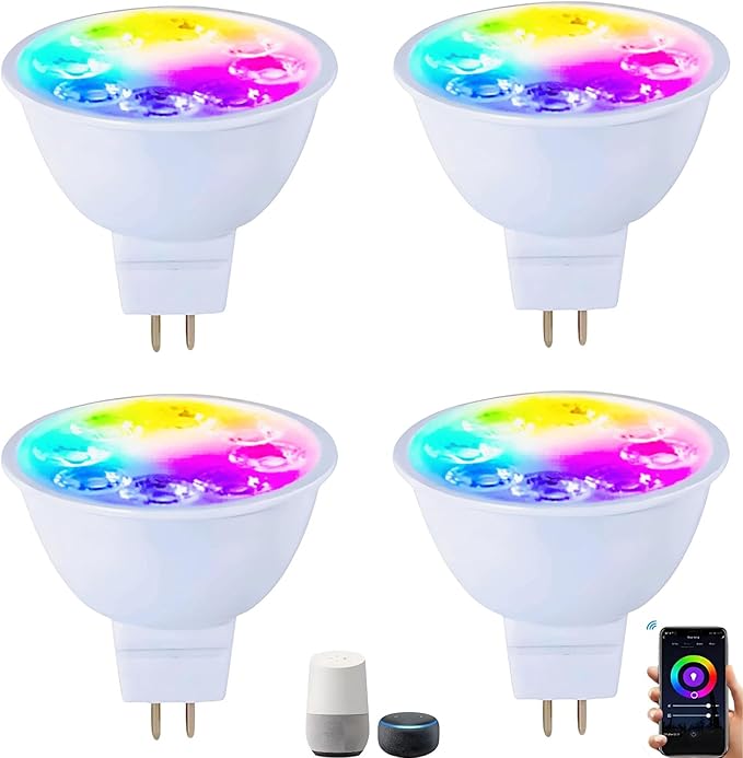 Smart MR16 LED Bulb Dimmable Color Changing, 12V Gu5.3 Bi-pin Base, WiFi & Bluetooth LED Bulbs Work with Alexa Google, Color Changing Sync with Music, for Living Room, Bedroom, Office,Hotel etc. 4Pack