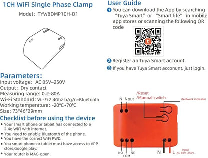 Tuya app WiFi Smart Energy Monitor, Single Phase Clamp Electricity Meter with 1 * 80ACT Current Transformer, Remote Monitor Meter Real-Time Electricity
