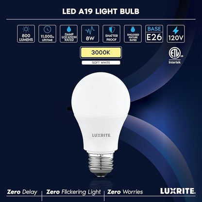 LUXRITE A19 LED Light Bulb 60 Watt Equivalent, Non-Dimmable, 3000K Soft White, 800LM, Standard LED Light Bulbs 8W, E26 Base, Enclosed Fixture Rated, Damp Rated, ETL Listed (96 Pack)