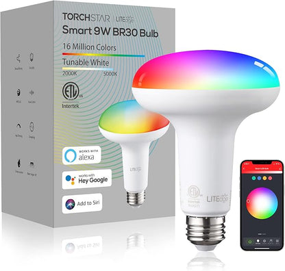 TORCHSTAR BR30 Smart Flood Light Bulbs, RGBCW Color Changing LED Recessed WiFi Bulb, 800lm 9W(65W Eqv.), Dimmable, Compatible with Alexa & Google Assistant, ETL Listed, E26, No Hub Required