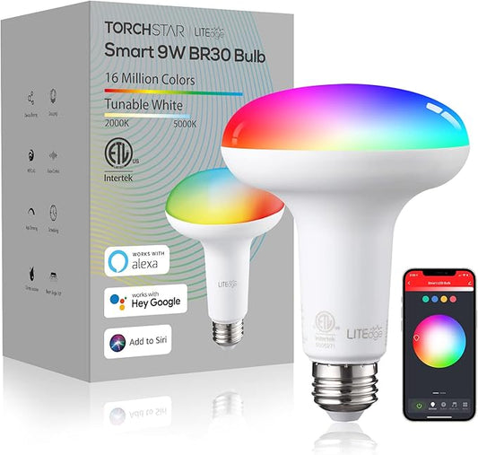 TORCHSTAR BR30 Smart Flood Light Bulbs, RGBCW Color Changing LED Recessed WiFi Bulb, 800lm 9W(65W Eqv.), Dimmable, Compatible with Alexa & Google Assistant, ETL Listed, E26, No Hub Required