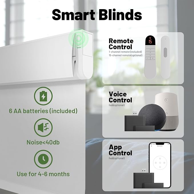 Motorized Blinds with Remote, Blackout No Drill Cordless Smart Roller Shades, Automatic Blinds for Windows, White,34.25" W x 72" H