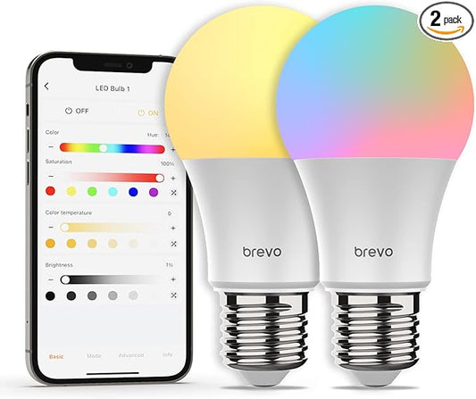 RGBWW Bluetooth Mesh Smart LED Light Bulbs, 7.5W 730 Lumens 60W Equivalent, 16 Million Colors, 2700k to 6500k Tunable White, App-Enabled, A19 E26, 2 Pack