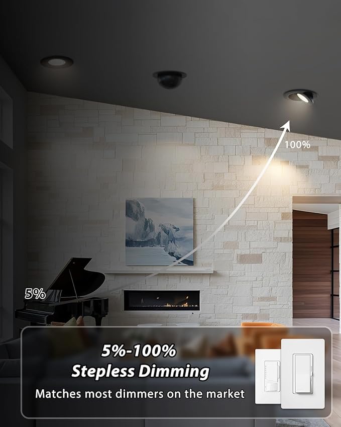 Adetu 5CCT Gimbal Black Led Recessed Lighting 6 inch, 360°+90° Adjustable Directional 6 inch Led Recessed Light, 2700K-5000K Dimmable Eyeball Canless Downlight with Jbox, ET (Black, 6 Pack)