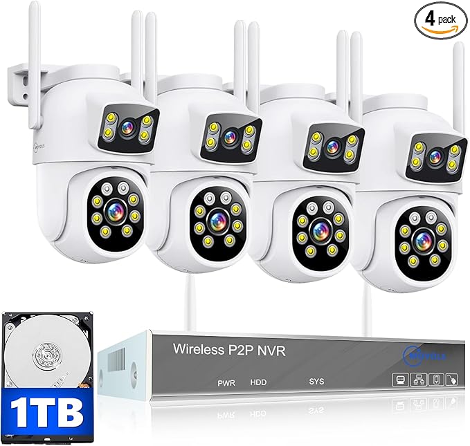 MOVOLS Wireless Security Camera System 5G/2.4G WiFi 4pcs 4MP+4MP Dual Lens Camera System,2K HD PTZ Dome Cameras System with Color Night Version, Motion Detection,1TB HDD, 16CH