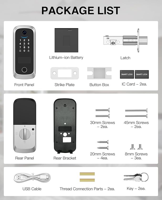 Video Smart Lock with Camera, Built-in Rechargeable Lithium Battery Entry Keyless Door Lock, App Control, Fingerprint ID, IC Card, Keypad Code, Auto Lock for Front Door (Silver)