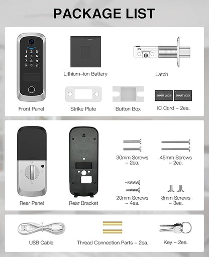 Video Smart Lock with Camera, Built-in Rechargeable Lithium Battery Entry Keyless Door Lock, App Control, Fingerprint ID, IC Card, Keypad Code, Auto Lock for Front Door (Silver)