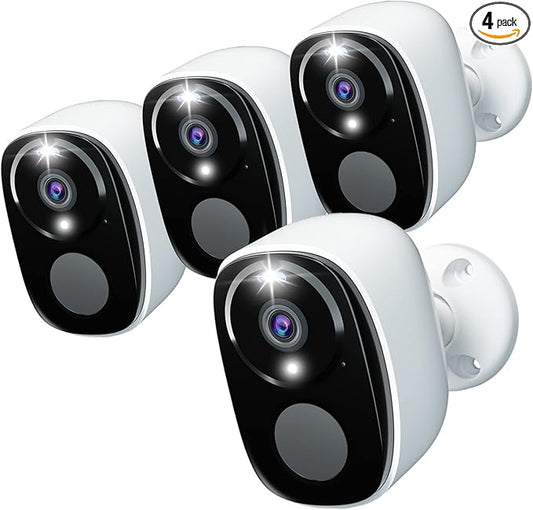4Pack Security Cameras Wireless Outdoor 2.4G&5G WIFI, 2K Battery Powered Indoor Camera for Home Security with Spotlight & Siren Alarm, 2-Way Audio, Color Night Vision, AI Detection,Works w/Alexa