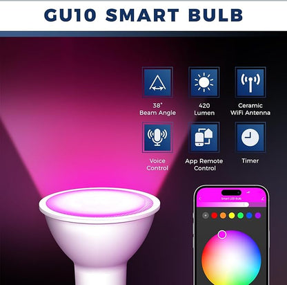 Smart Light Bulb GU10 50W Equivalent, 38°Beam Angle, Compatible with Alexa/Google Assistant/Smart Life, 87+CRI, 5W 420LM, RGBCW Spotlight Track Light, 2.4GHz WiFi, ETL Listed
