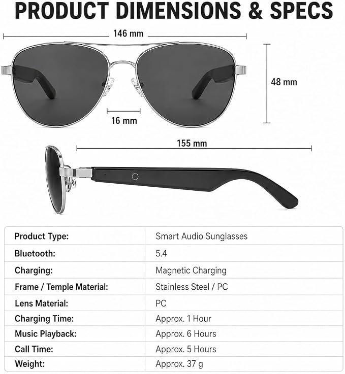 Smart Audio Glasses, Open Ear Bluetooth Sunglasses with Anti-Blue Light and UV Protection Lenses, Wireless Hands-Free Calling and Music for Driving, Business and Daily Wear