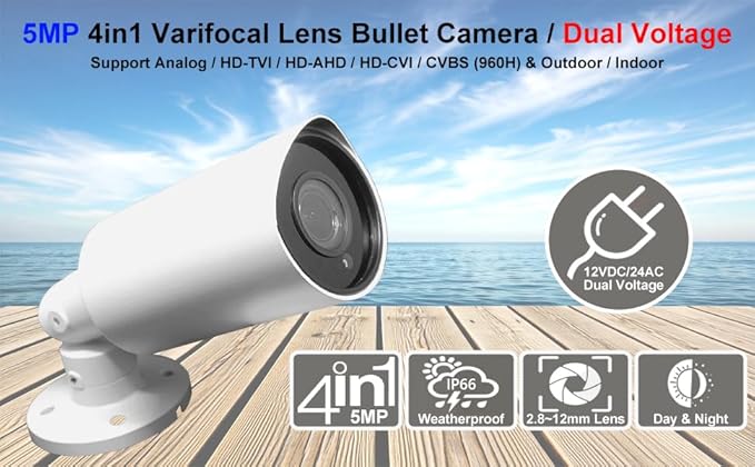 1stPV 5MP Super HD Analog Security IR Bullet Camera, 2.8-12mm Manual Varifocal Lens, 100ft Smart IR Night Vision, IP66 Weatherproof, 4-in-1 TVI/AHD/CVI/CVBS, WDR, OSD Menu, Dual Voltage 12VDC/24VAC