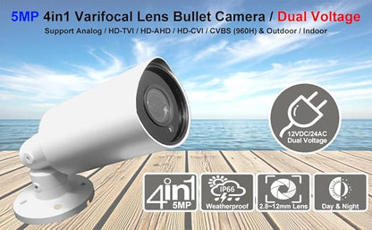 1stPV 5MP Super HD Analog Security IR Bullet Camera, 2.8-12mm Manual Varifocal Lens, 100ft Smart IR Night Vision, IP66 Weatherproof, 4-in-1 TVI/AHD/CVI/CVBS, WDR, OSD Menu, Dual Voltage 12VDC/24VAC