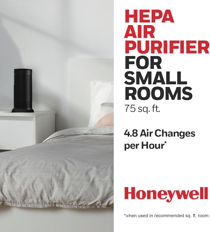 Honeywell HPA060 HEPA Tower Air Purifier, Airborne Allergen Reducer for Small Rooms (75 sq ft), Black - Wildlfire/Smoke, Pollen, Pet Dander, and Dust Air Purifier
